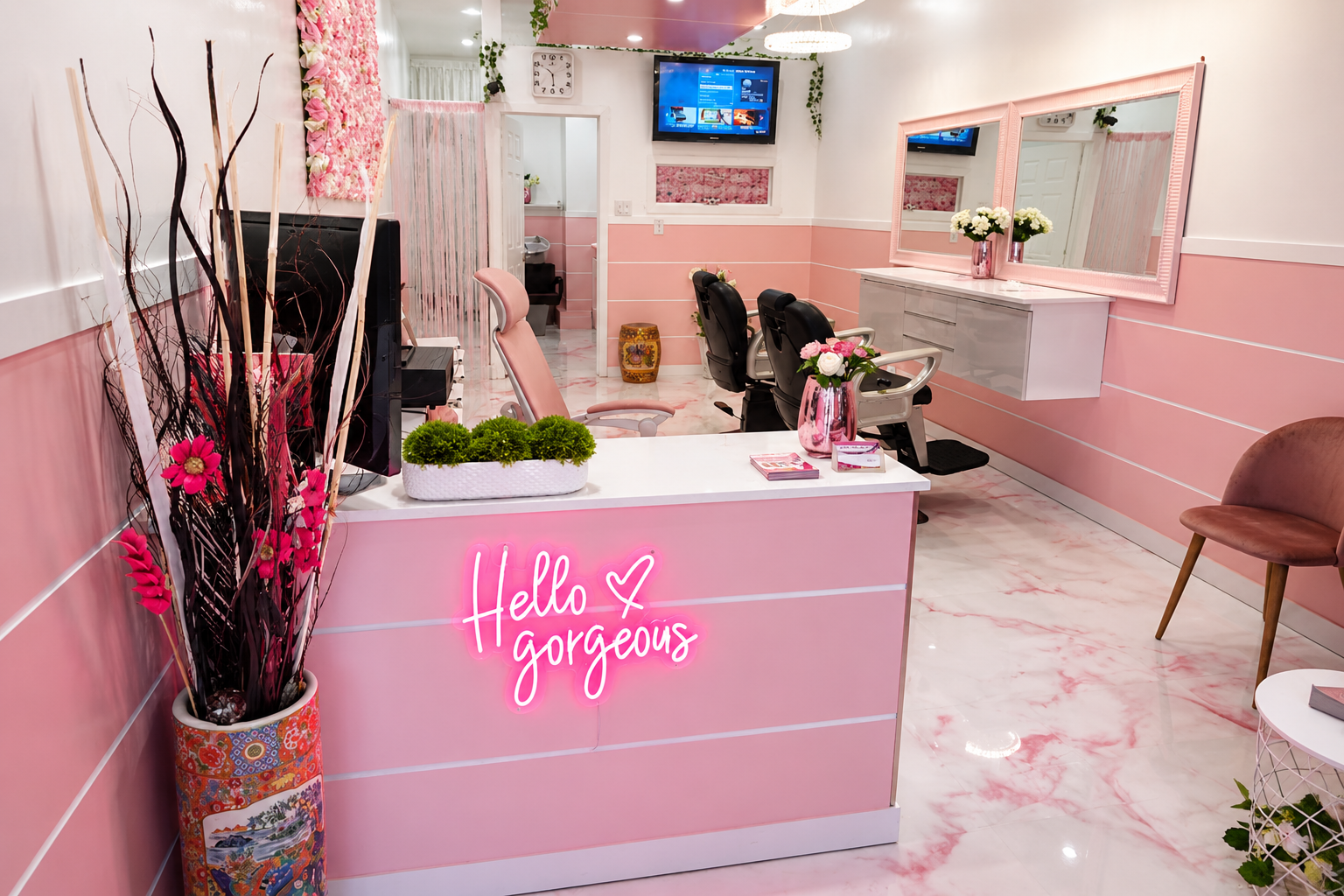 Salon Bollywood reception with Hello Gorgeous neon sign